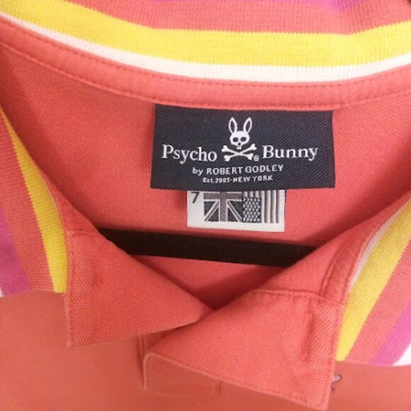 PSYCHO BUNNY | Coral Orange Pima Cotton Striped Collar Bunny Logo Preppy Polo XL - Picture 6 of 10